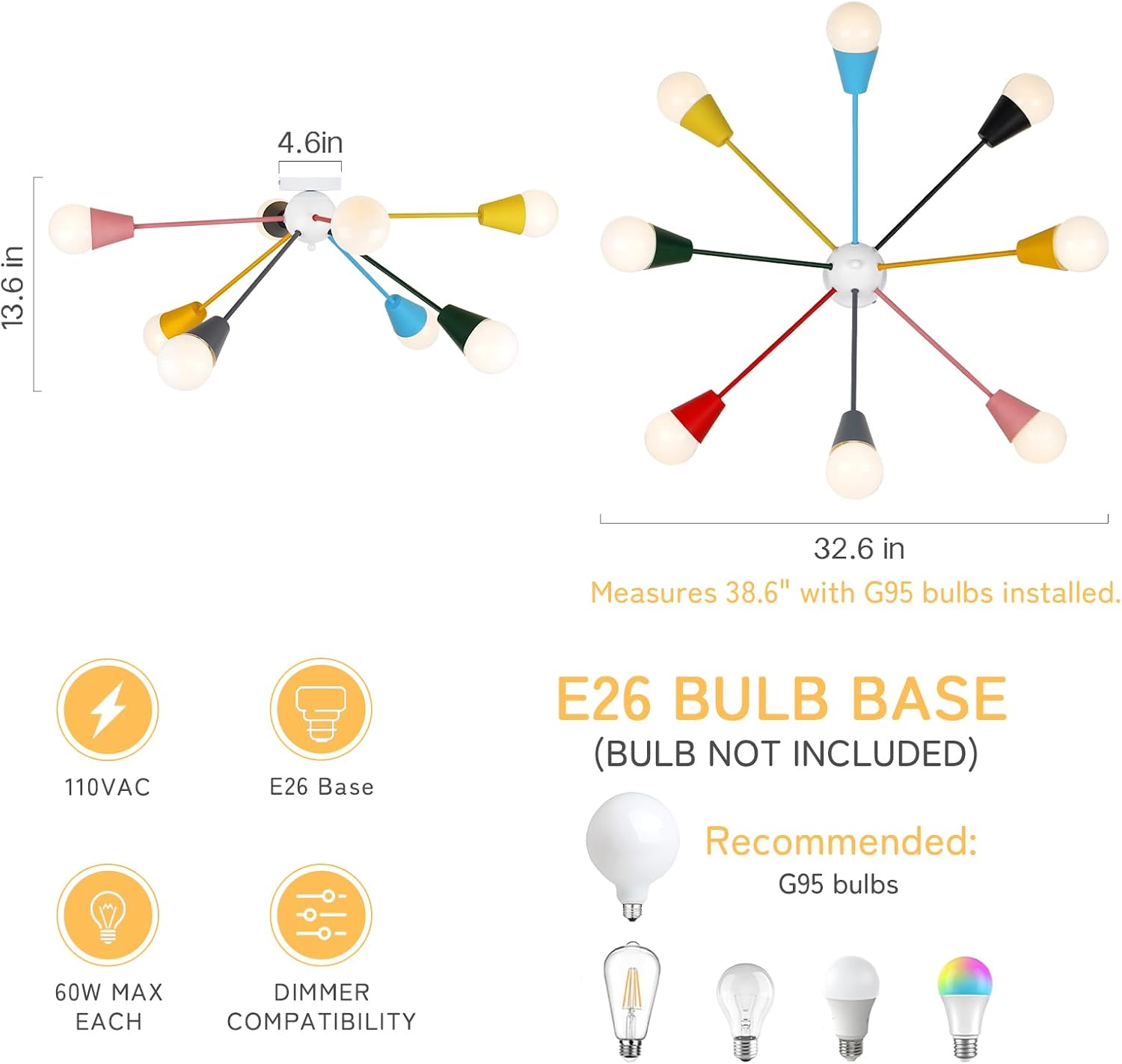 Zoryata 33 Inch Colorful Sputnik Semi Flush Mount Ceiling Light