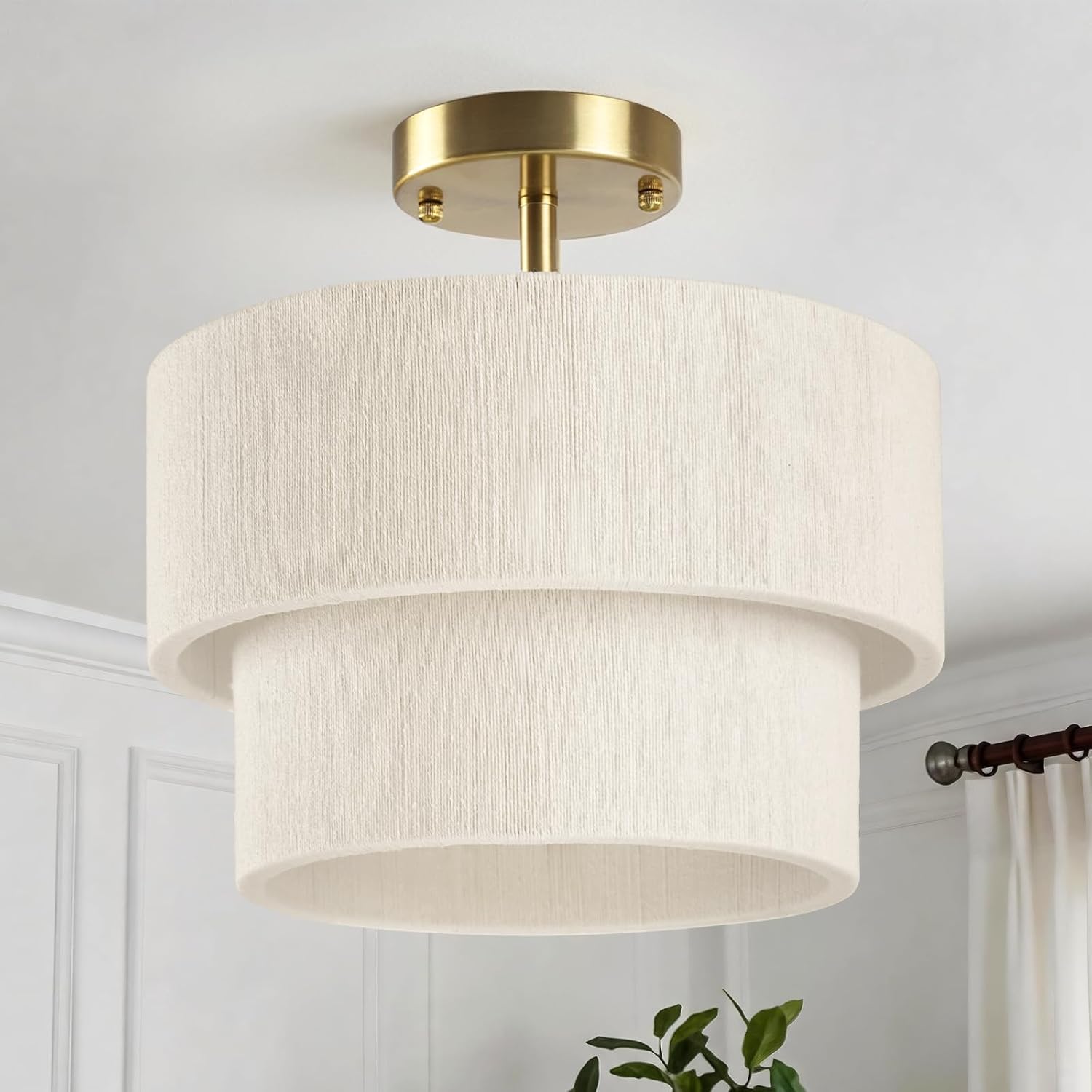 Zoryata Boho White Woven Semi Flush Mount Drum Ceiling Light