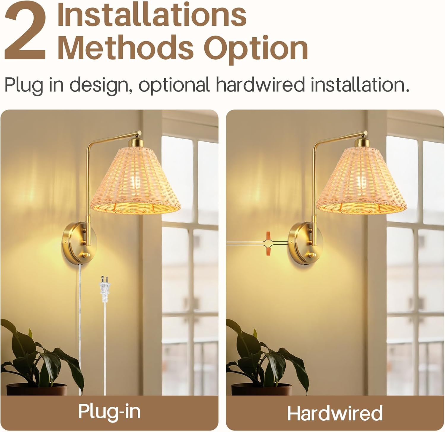 Zoryata Boho Rattan Wall Sconce Set of 2 With Dimmable Switch