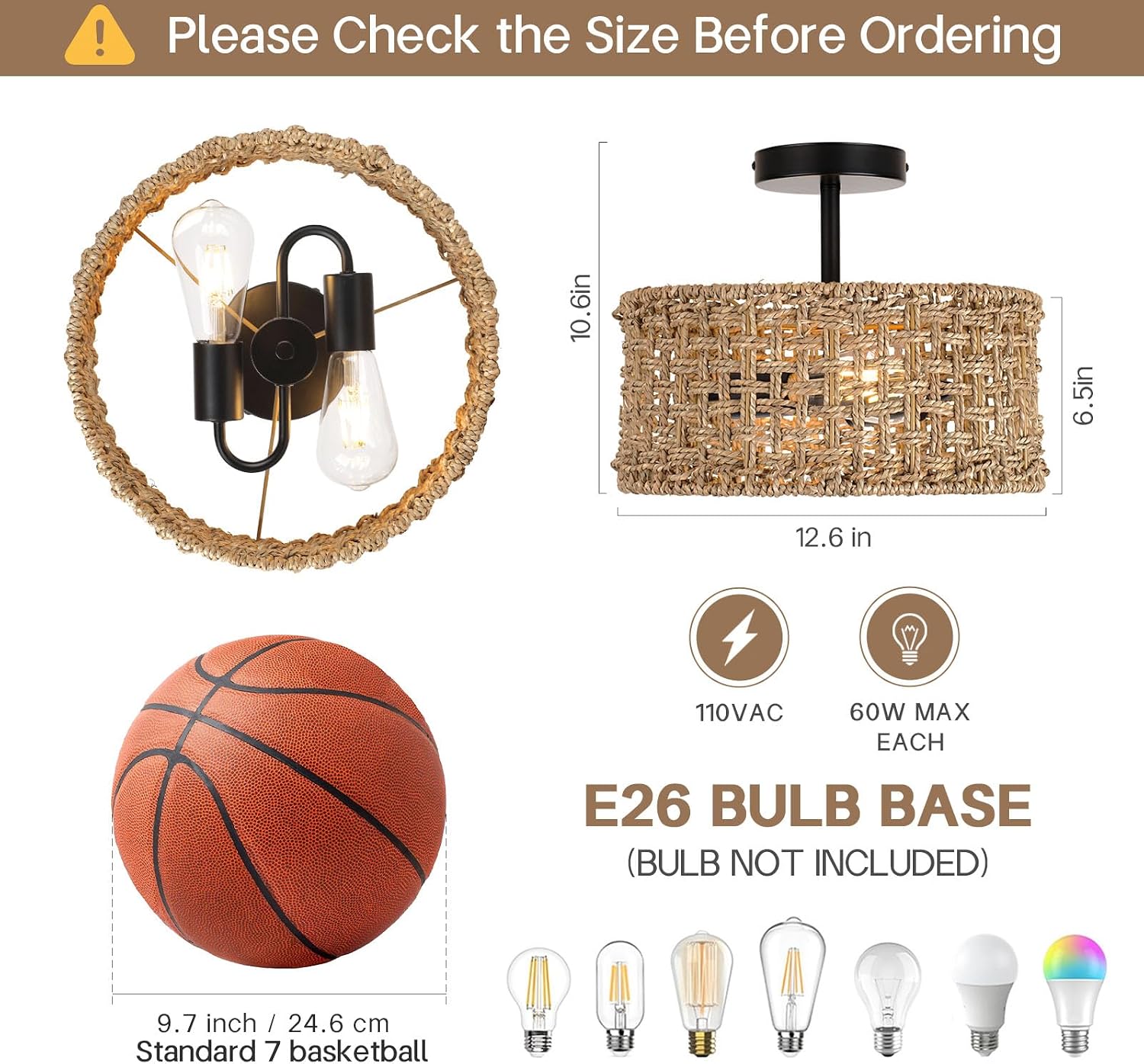 Zoryata Boho Rattan Drum Semi Flush Mount Ceiling Light