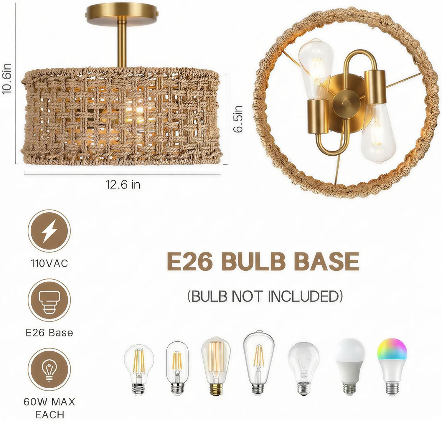 Zoryata Boho Rattan Drum Semi Flush Mount Ceiling Light