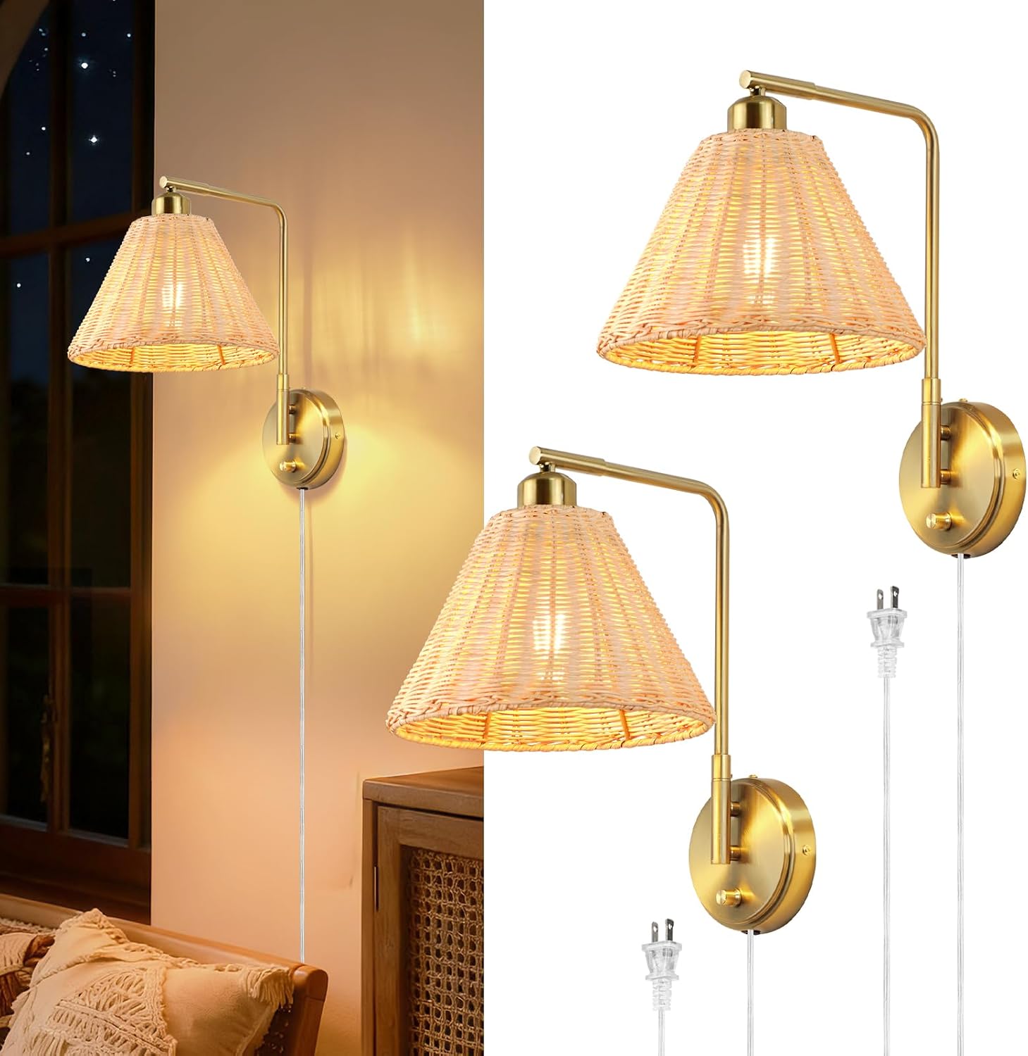 Zoryata Boho Rattan Wall Sconce Set of 2 With Dimmable Switch