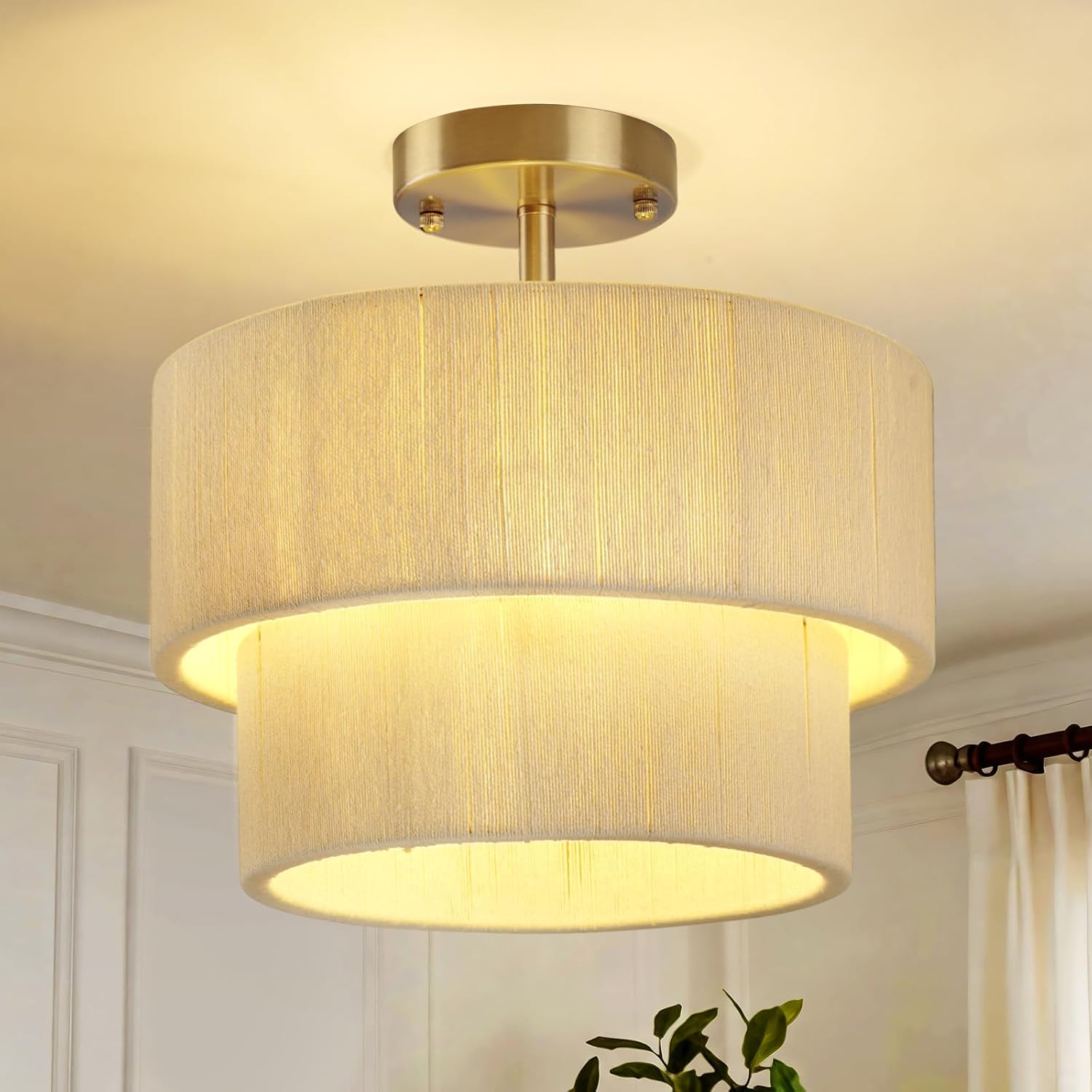 Zoryata Boho White Woven Semi Flush Mount Drum Ceiling Light