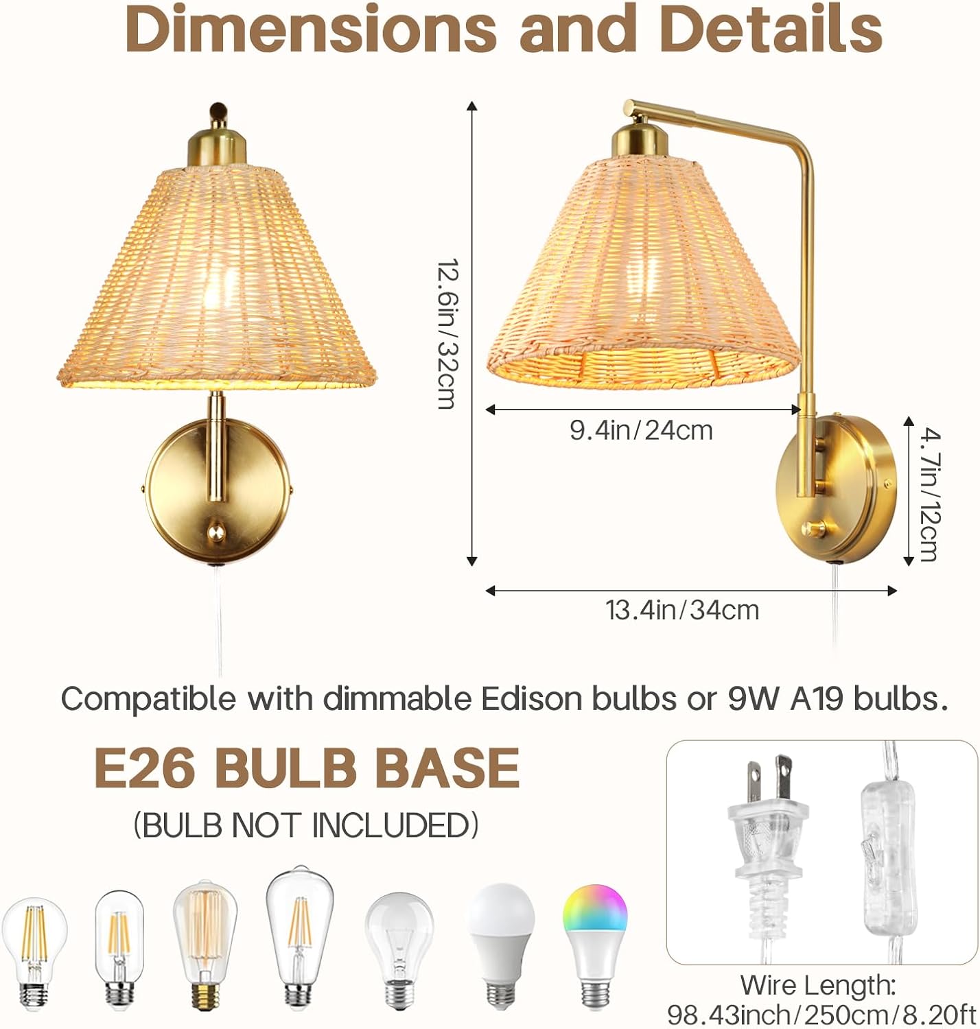 Zoryata Boho Rattan Wall Sconce Set of 2 With Dimmable Switch