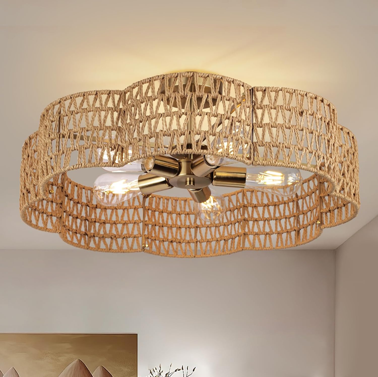 Zoryata 24 Inch Boho Rattan Semi Flush Mount Ceiling Light