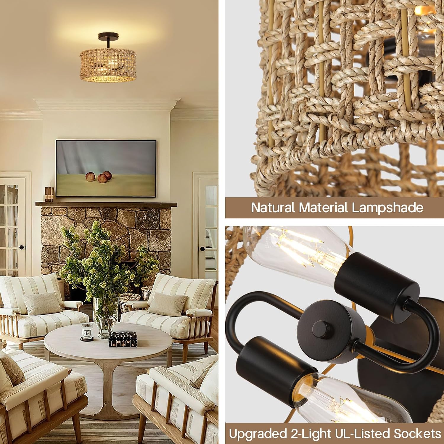 Zoryata Boho Rattan Drum Semi Flush Mount Ceiling Light