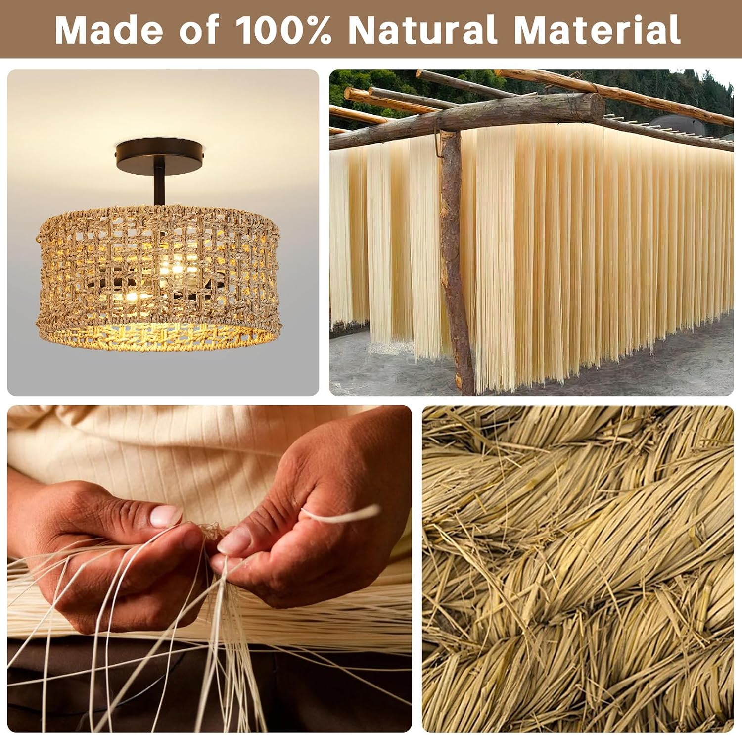 Zoryata Boho Rattan Drum Semi Flush Mount Ceiling Light