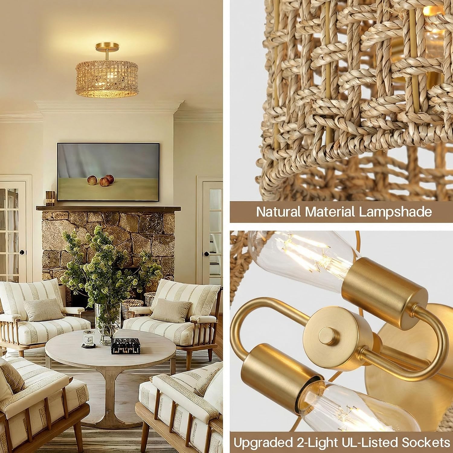 Zoryata Boho Rattan Drum Semi Flush Mount Ceiling Light