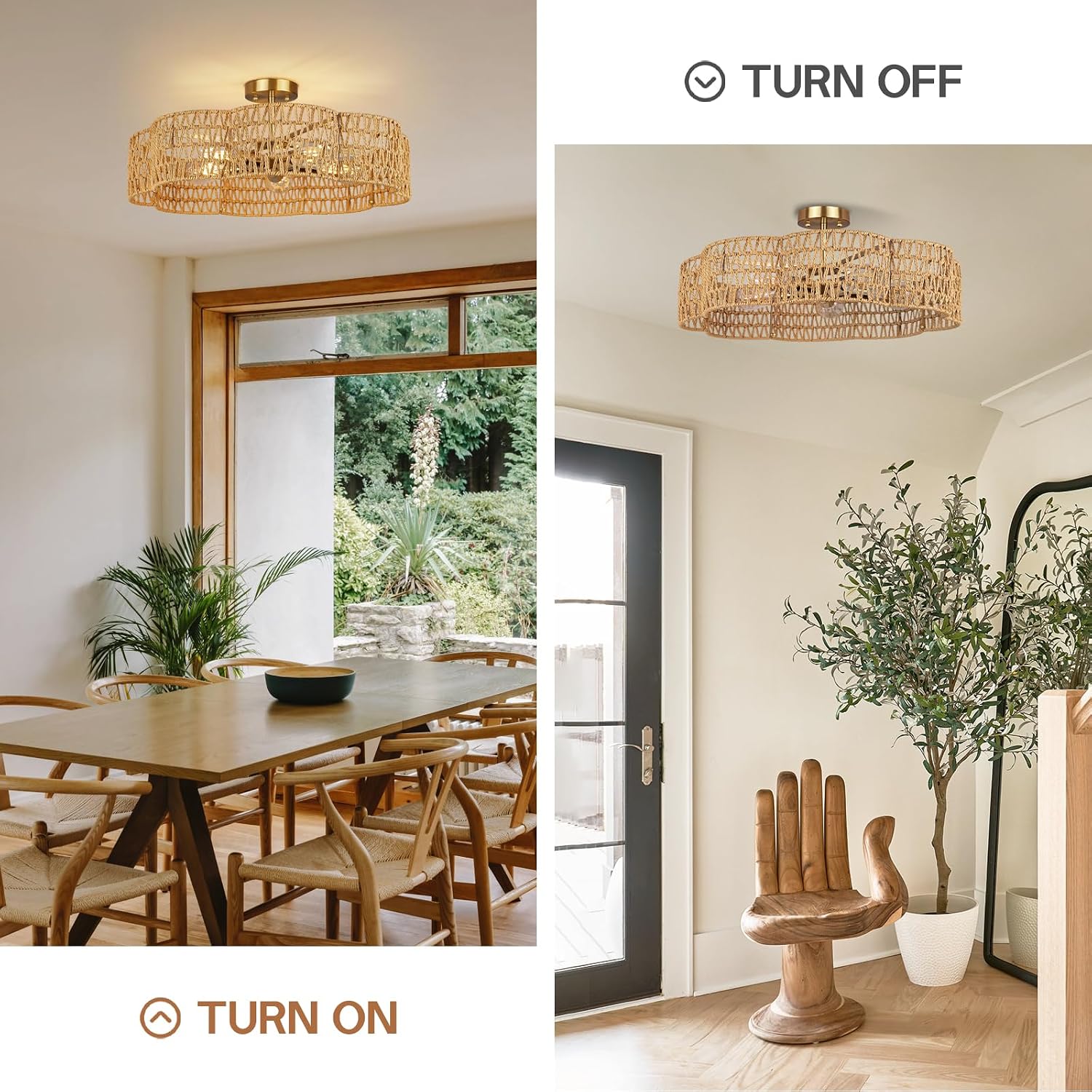 Zoryata 24 Inch Boho Rattan Semi Flush Mount Ceiling Light