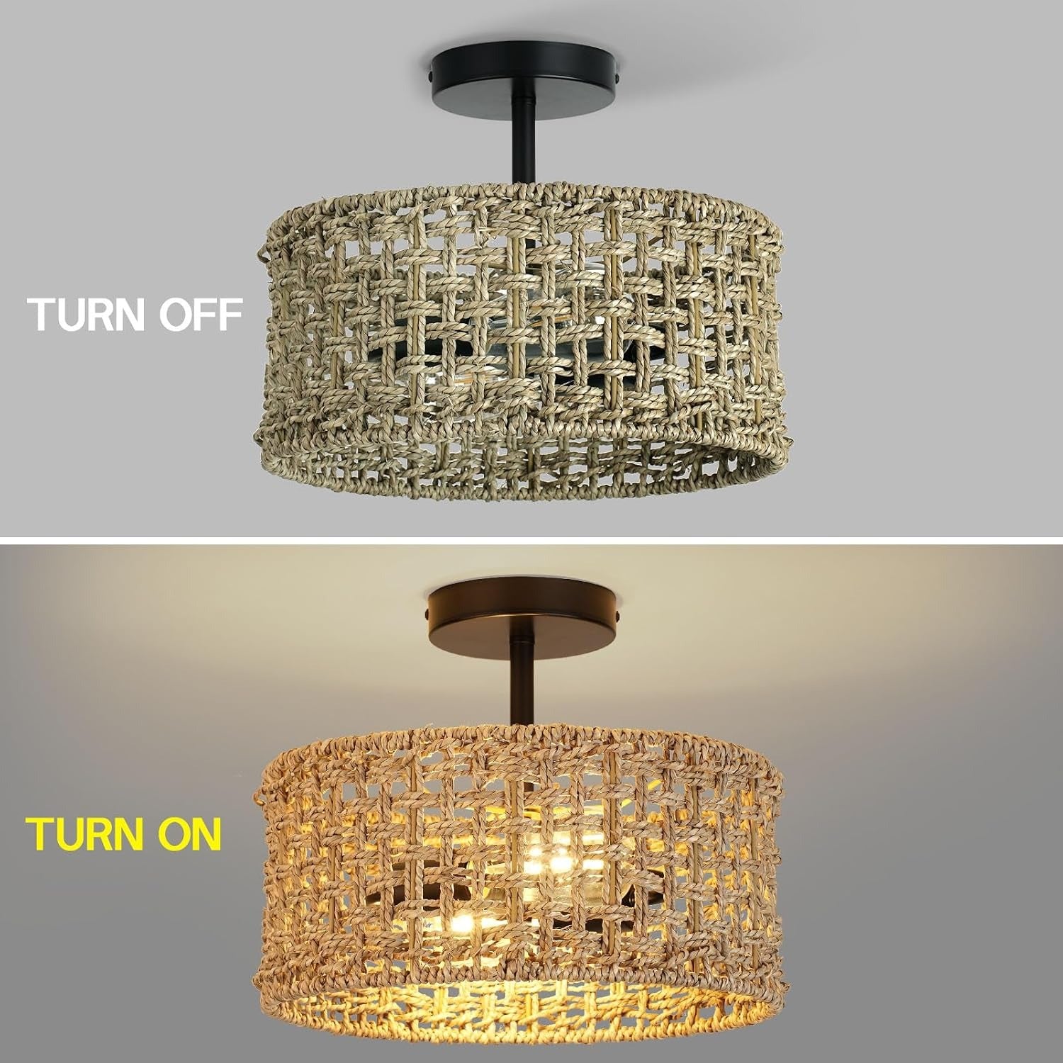 Zoryata Boho Rattan Drum Semi Flush Mount Ceiling Light