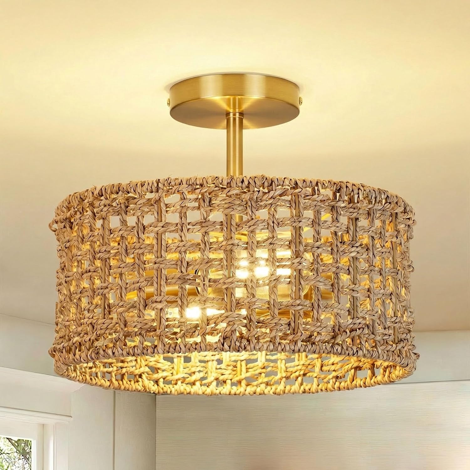 Zoryata Boho Rattan Drum Semi Flush Mount Ceiling Light