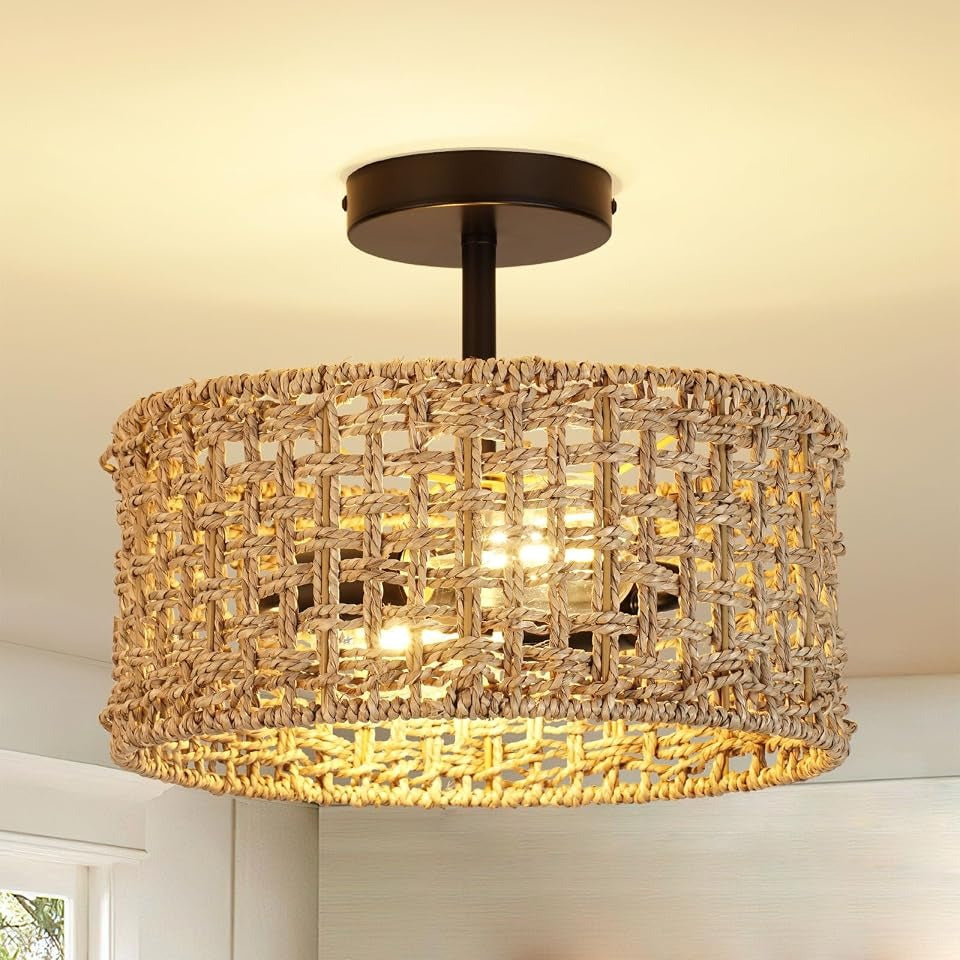 Zoryata Boho Rattan Drum Semi Flush Mount Ceiling Light